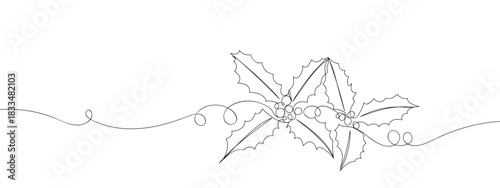 Holly wreath pair in one continuous line single line art style vector illustration. Editable stroke.
