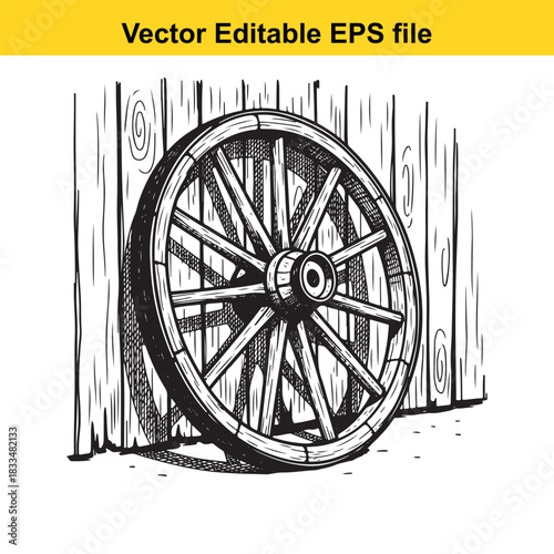  vintage wooden wagon wheel leaning against a rustic wooden fence or wall in a detailed black and white vector sketch illustration style