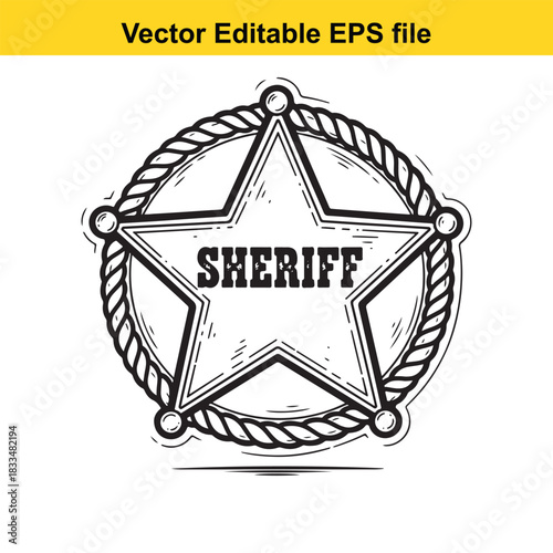  hand drawn sketch of a sheriff star badge with rope border, a classic western law enforcement symbol rendered in black and white outline style, vector editable eps file