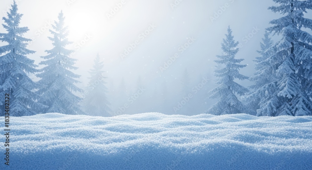 Naklejka premium Ethereal winter landscape featuring frosty pine trees and detailed crystalline snowdrifts under a bright, hazy sky.