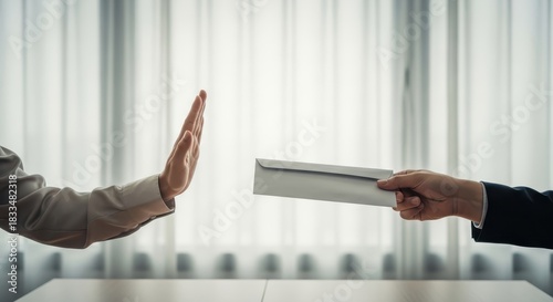 Business person refuses a bribe, rejecting a gray envelope with a stop gesture. Concept of anti-corruption and integrity.