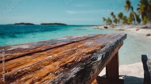Wooden Table on Tropical Beach with Palm Trees and Ocean View