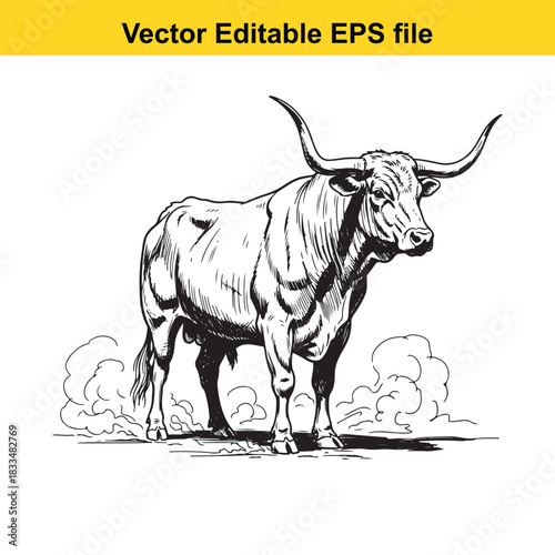  detailed black and white vector illustration of a powerful texas longhorn bull standing with smoke or dust rising around its hooves, suitable for farm or ranch themes