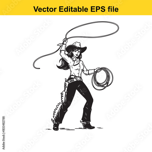  black and white vector illustration of a confident cowgirl holding a lasso, ready to rope, depicted in a dynamic pose with western attire and a widebrimmed hat, isolated on white background