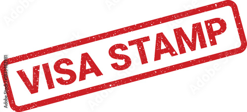 Red grunge rectangular badge featuring the phrase VISA STAMP in capital letters, signifying official travel approval or entry clearance