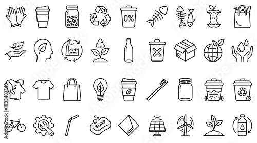 Collection of eco-friendly black line drawing icons representing recycling and sustainability elements