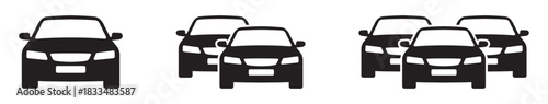 Car front view icon set with single car, two-car lineup and three-car group symbols. Minimal solid silhouette style for transport, traffic, parking, automotive services and mobility concepts – stock v