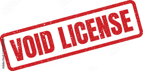 Red rectangular distressed rubber stamp displaying the important text void license on a solid surface