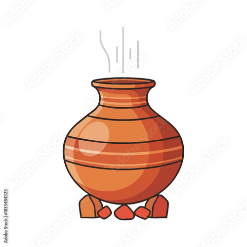 Earthen pot cooking on stones with steam rising for Pongal  