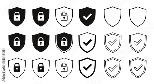 A collection of digital security shield icons, including padlocks and checkmarks, presented in solid and outline styles to symbolize protection and verification.