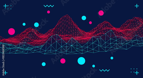 A vibrant digital vector illustration showcases a dynamic 3D mountain range graphic, rendered with a low-poly aesthetic, set against a dark blue backdrop, perfect for technology and data