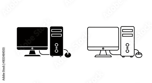 A simple vector illustration of a desktop computer, presented in both black and white outlines, perfect for technology-related design projects and digital content.