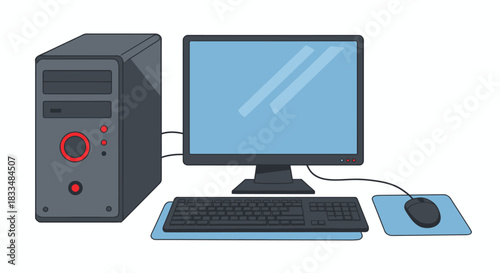Illustration of a desktop computer setup featuring a monitor, keyboard, mouse, and tower, all rendered in a clean and modern vector style on a white background.