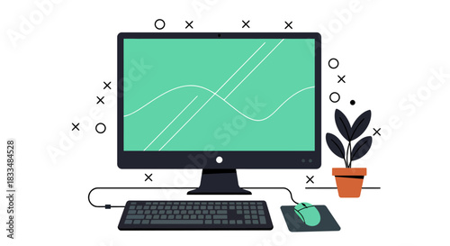A modern flat design vector illustration depicts a personal computer setup with a green screen, keyboard, mouse, and a small potted plant, isolated on white.