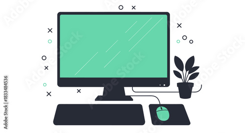 A minimalist vector illustration showcases a desktop computer setup, featuring a monitor, keyboard, mouse, and a small potted plant, perfect for technology and design visuals.