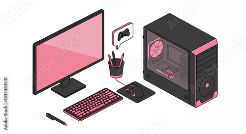 Isometric illustration of a desktop computer setup with a monitor, keyboard, mouse, and tower, ideal for gaming or creative work, presented as a vector asset.