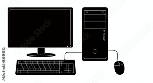 A sleek, black and white vector illustration showcasing a modern computer setup, including a monitor, keyboard, mouse, and central processing unit, perfect for technology-related design projects.