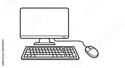 A minimalist black and white vector illustration of a desktop computer setup featuring a monitor, keyboard, and mouse, perfect for technology-related designs.