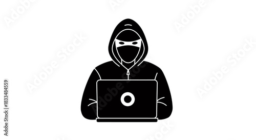 A vector illustration depicts a hooded figure with a mask, intensely focused on a laptop, symbolizing cybercrime, data theft, and online security threats in a digital world.