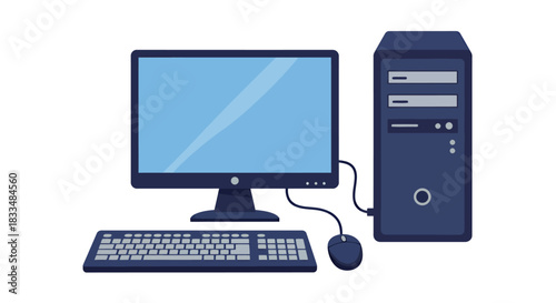 A vector illustration depicts a modern desktop computer setup, featuring a monitor, keyboard, mouse, and tower, perfect for technology-related design projects and digital presentations.