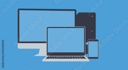 A flat design vector illustration of a computer, laptop, desktop monitor, and smartphone devices, showcasing modern technology on a blue background, perfect for digital marketing.