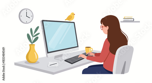 A woman works from home on her computer, enjoying a cup of coffee in a bright, minimalist workspace, showcasing modern remote work and lifestyle.
