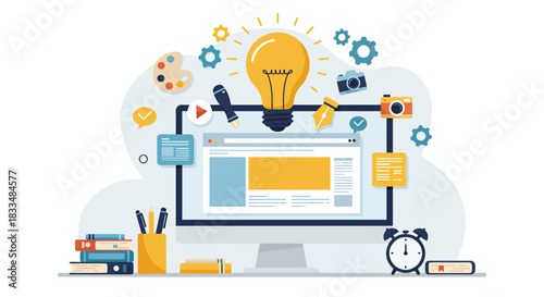 A vibrant vector illustration depicts a desktop computer monitor surrounded by various creative tools and icons, symbolizing digital innovation and web design processes.