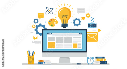 A modern computer monitor displays a website design surrounded by creative and development icons, illustrating digital innovation and online business solutions.