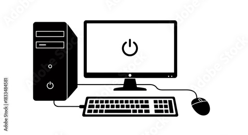 A sleek black and white vector illustration of a desktop computer setup, showcasing the monitor, keyboard, mouse, and tower, perfect for technology-related designs.