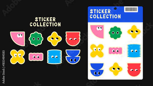 Bold geometric mascots with cute eyes on a black background. Ready-to-print sticker sheet perfect for kids, bullet journals, laptops, and creative projects.