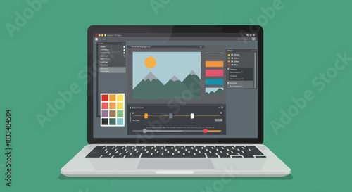 A contemporary silver laptop displays an open graphic design software interface, featuring a flat vector landscape illustration for digital creativity.