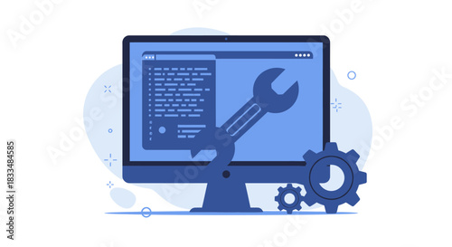 A vector illustration depicts a computer screen with a wrench and gears, symbolizing software maintenance, system configuration, or technical support services.