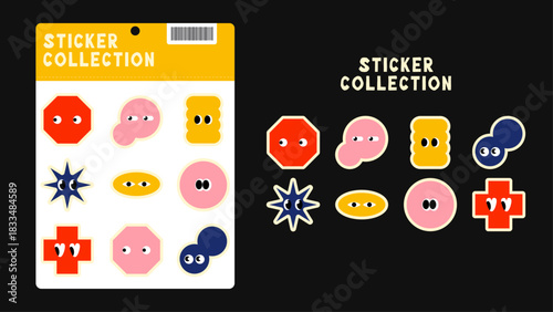 Cute geometric doodle characters with quirky eyes on a black background. Ready-to-print sticker pack ideal for scrapbooks, diaries, and fun decor.