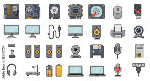 An extensive collection of various modern computer hardware and electronic device icons, presented in a clean, flat vector illustration style.