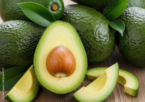 Fresh green avocados clustered together with one sliced open showing the pit and flesh