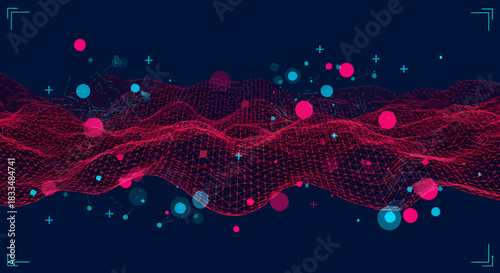 Abstract vector illustration showing a digital landscape with glowing particles and a wireframe grid, suitable for a computer wallpaper or tech background.