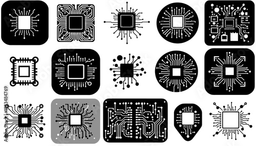 A collection of microchip vector icons, showcasing various computer processor designs in a clean, modern style ideal for technology-themed designs and digital interfaces.
