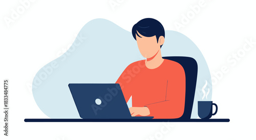 A young man is working on his computer at his desk with a cup of coffee, showcasing remote work and the modern digital lifestyle in a vector design.
