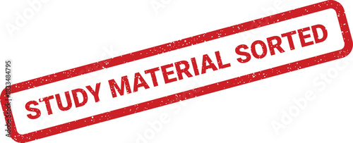 Red textured rubber stamp graphic displaying the phrase study material sorted in a bold font for educational content and academic organization