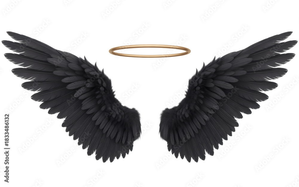 Obraz premium Mysterious dark angel wings with a golden halo hover, evoking fantasy, mystery, and divine power.