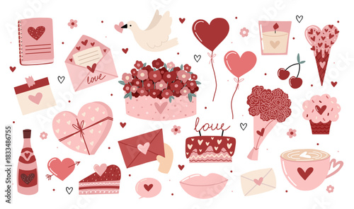 Valentine themed set of cute hand drawn romantic elements with lovely decorative icons for cards posters and creative projects