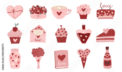Hand drawn Valentine’s Day sweets and romantic elements set featuring cupcakes, cakes, bouquet, envelope, coffee cup, bottle and cute love icons. Perfect for stickers, cards, posters, holiday designs