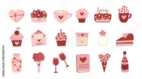 Valentine love set of cute hand drawn romantic icons featuring sweet decorative elements for cards posters and gifts