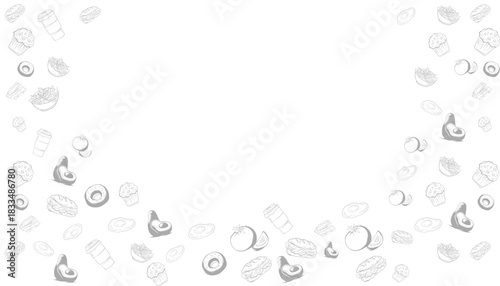 Food items are scattered around a blank space with various shapes and sizes in a lively arrangement