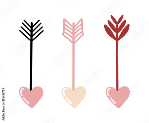 Hand drawn Cupid arrows with heart tips in a cute minimal style. Perfect for Valentine’s Day designs, stickers, cards and romantic illustrations.