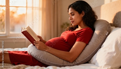 Pregnant woman using support pillow while reading, warm afternoon light in calm bedroom setting