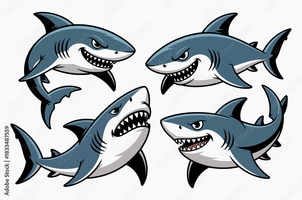 Fototapeta premium Bold Shark Illustrations with Aggressive Expressions and Powerful Features