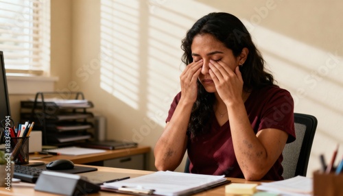 Latina woman rubbing her eyes at desk in sunlit workspace, tired expression, office items behind