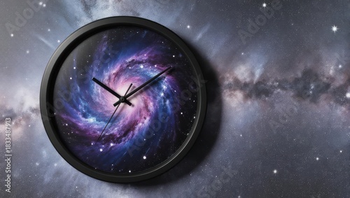 Cosmic Time - A Clock Displaying a Galaxy Against a Starry Backdrop.
