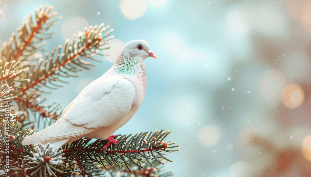 Obraz premium White dove perched on frosted evergreen branch with soft bokeh light and gentle winter atmosphere, peaceful and serene mood